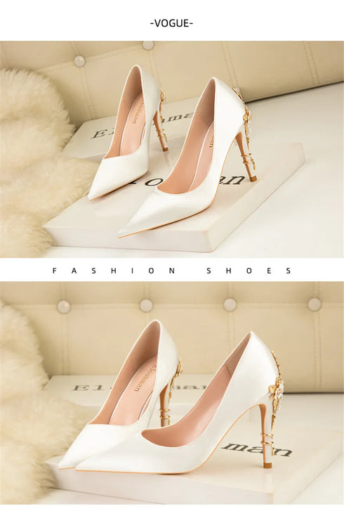 Elegant Crystal-Embellished Silk Pointed Toe Pumps for Women - Luxurious High Heels Perfect for Bridal and Evening Wear, Sexy Dress Shoes with Thin Heels